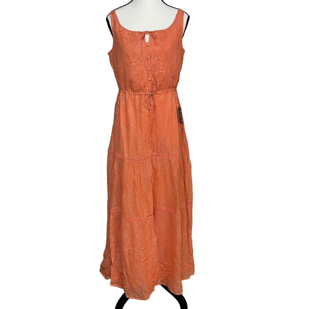 Lulus Tiered Maxi Dress S Orange Metallic Floral Embroidered Cottagecore Boho